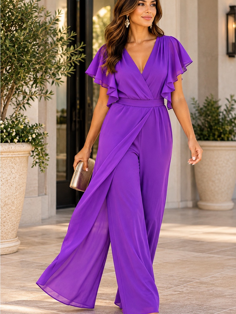 Artyska Purple Wide Leg Jumpsuit M Flutter Sleeve Draped Formal Evening